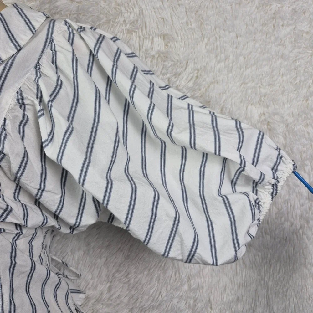 Free People Striped Puff Sleeve‎ V-Neck Tie Back Blouse White Blue Sz M Nautical